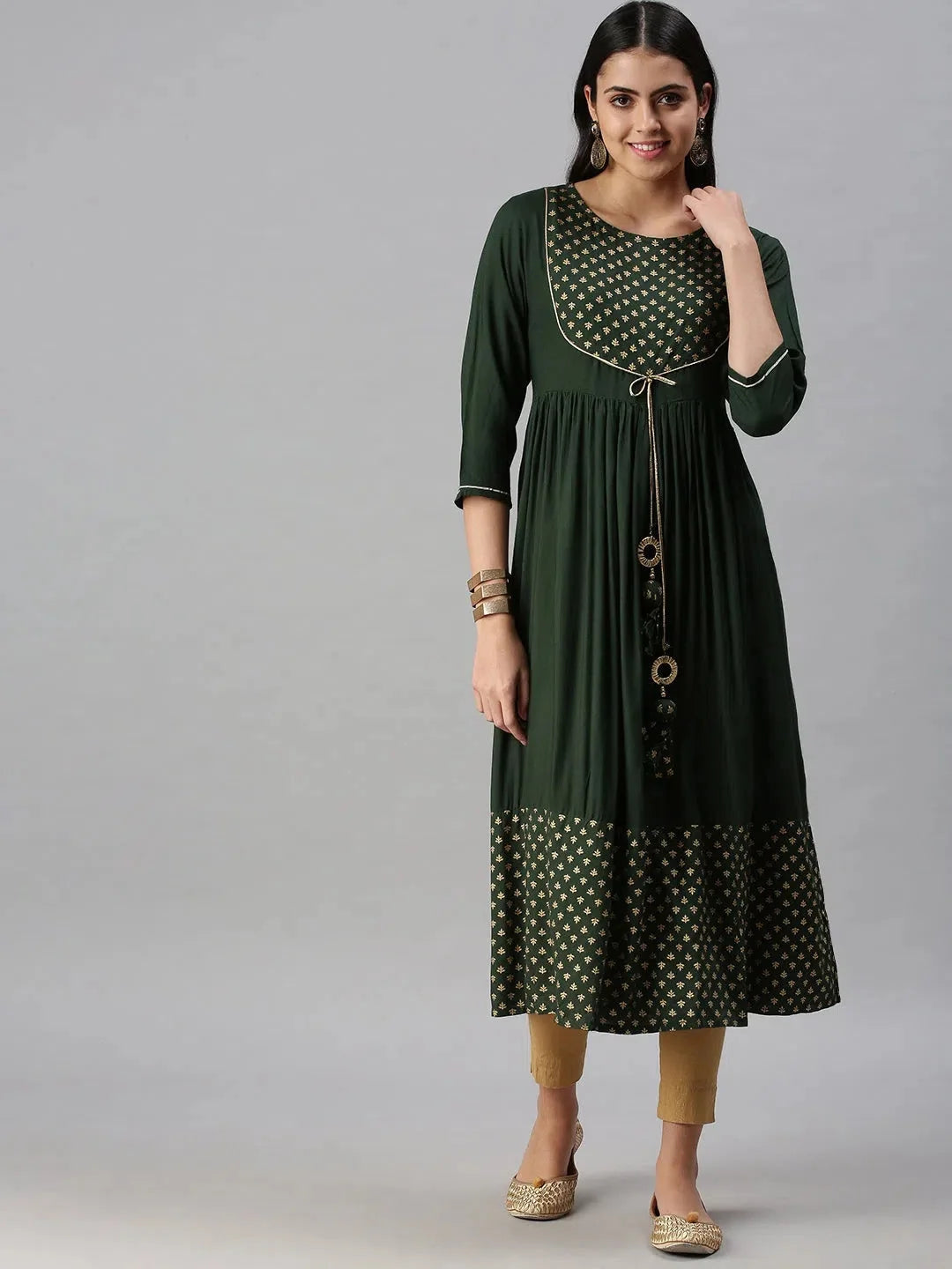 Green Printed Cotton Anarkali Kurta - Shop Anarkali Kurtis