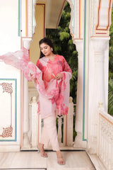Women Ivory Tabby Slik Print & Embroidered Kurta, Pant & Dupatta set