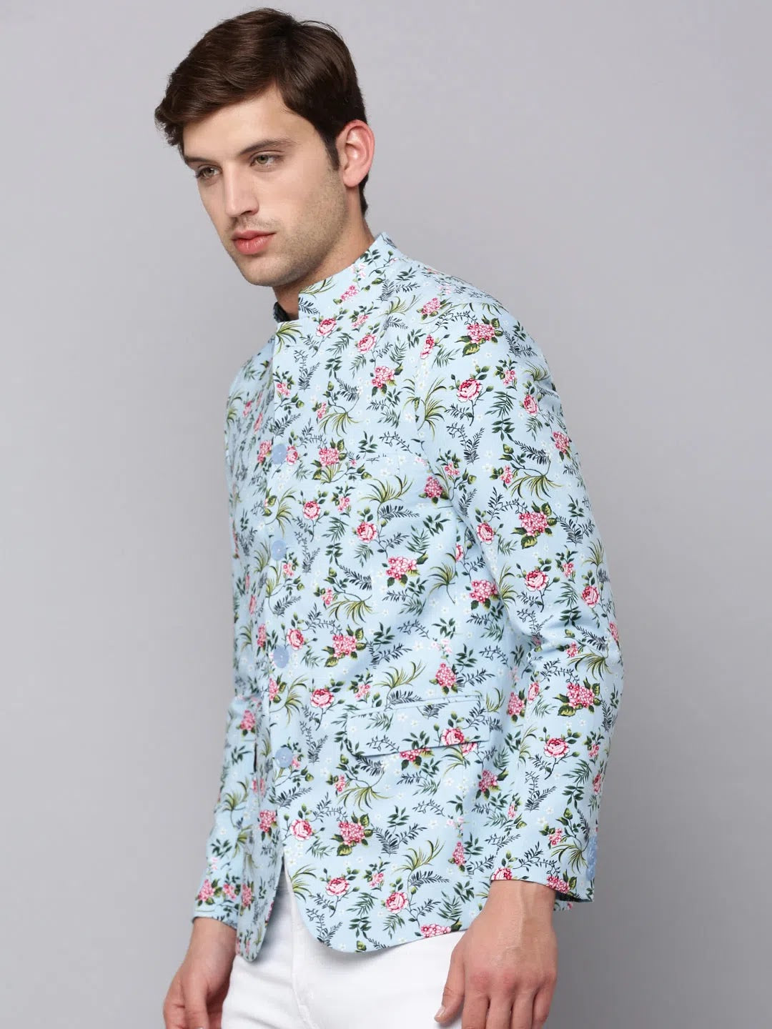 Men's Blue Printed Blazer | Modern Ethnic Nehru Collar Jacket