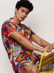 Men Coral Printed Casual Co ords-MARSHALL-1856-Coral