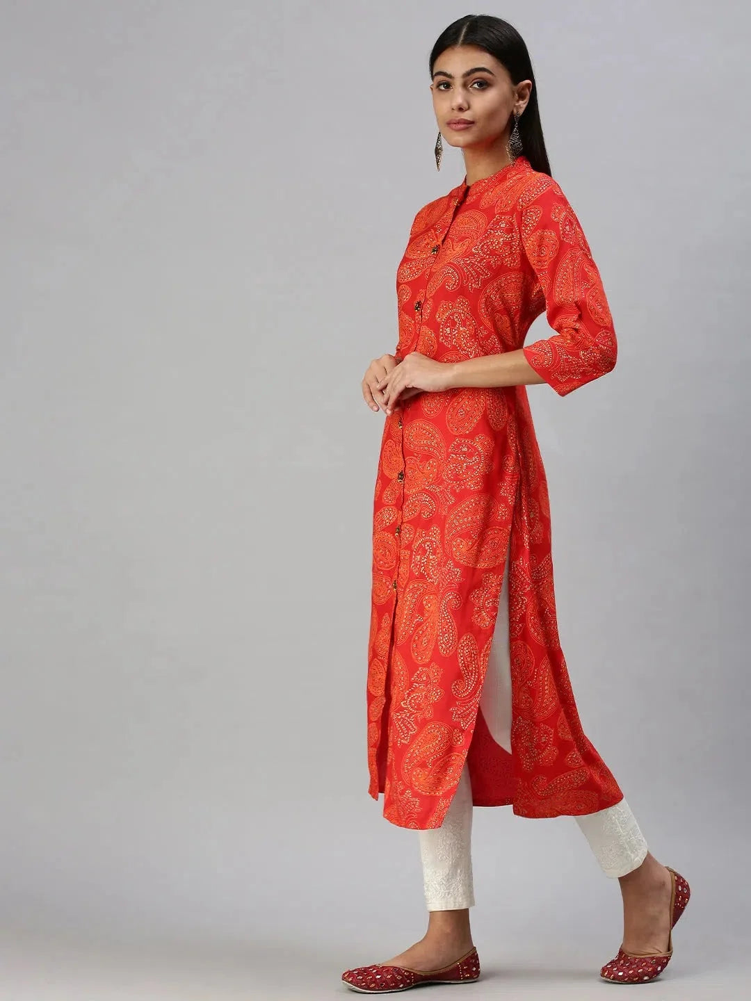 Orange Printed Straight Kurta - Women's Indian Kurta Fashion