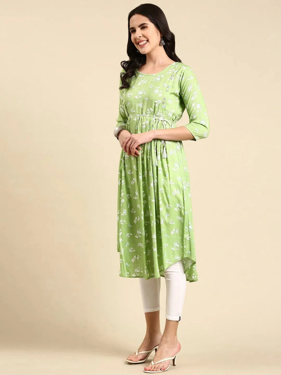 Green Printed Anarkali Kurti - Women's Viscose Anarkali Kurta