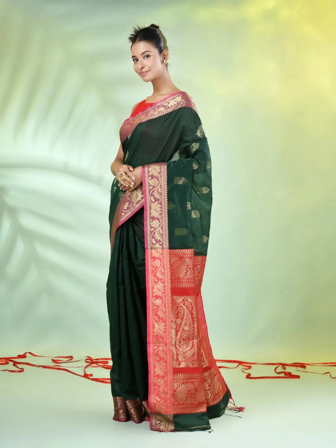 Bottle Green Cotton Saree | Indian Sarees with Zari