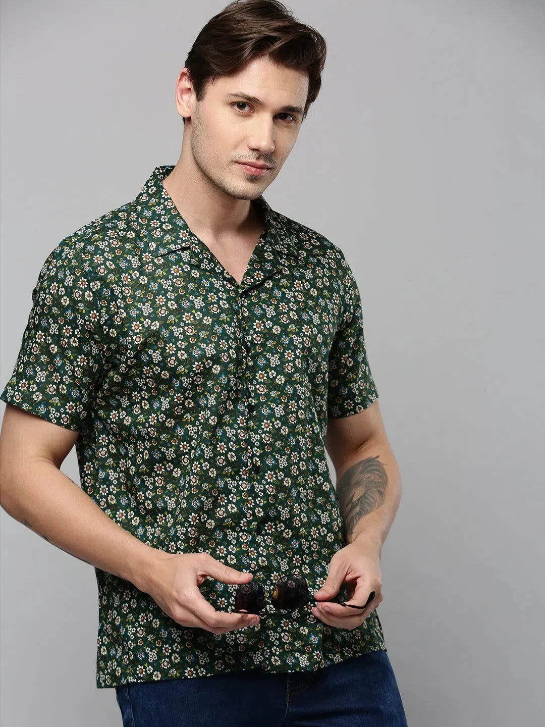 Men Green Printed Casual Shirt-RESORTPRINT-5287-Green