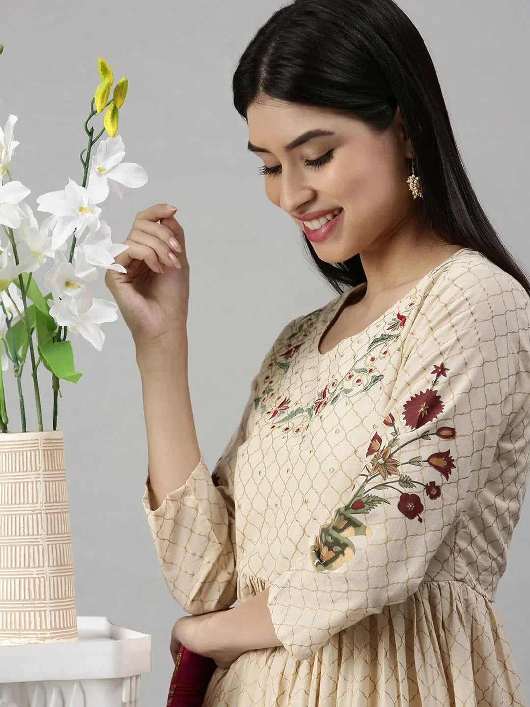 Beige Floral Anarkali Kurta | Stylish Anarkali Kurtis for Women