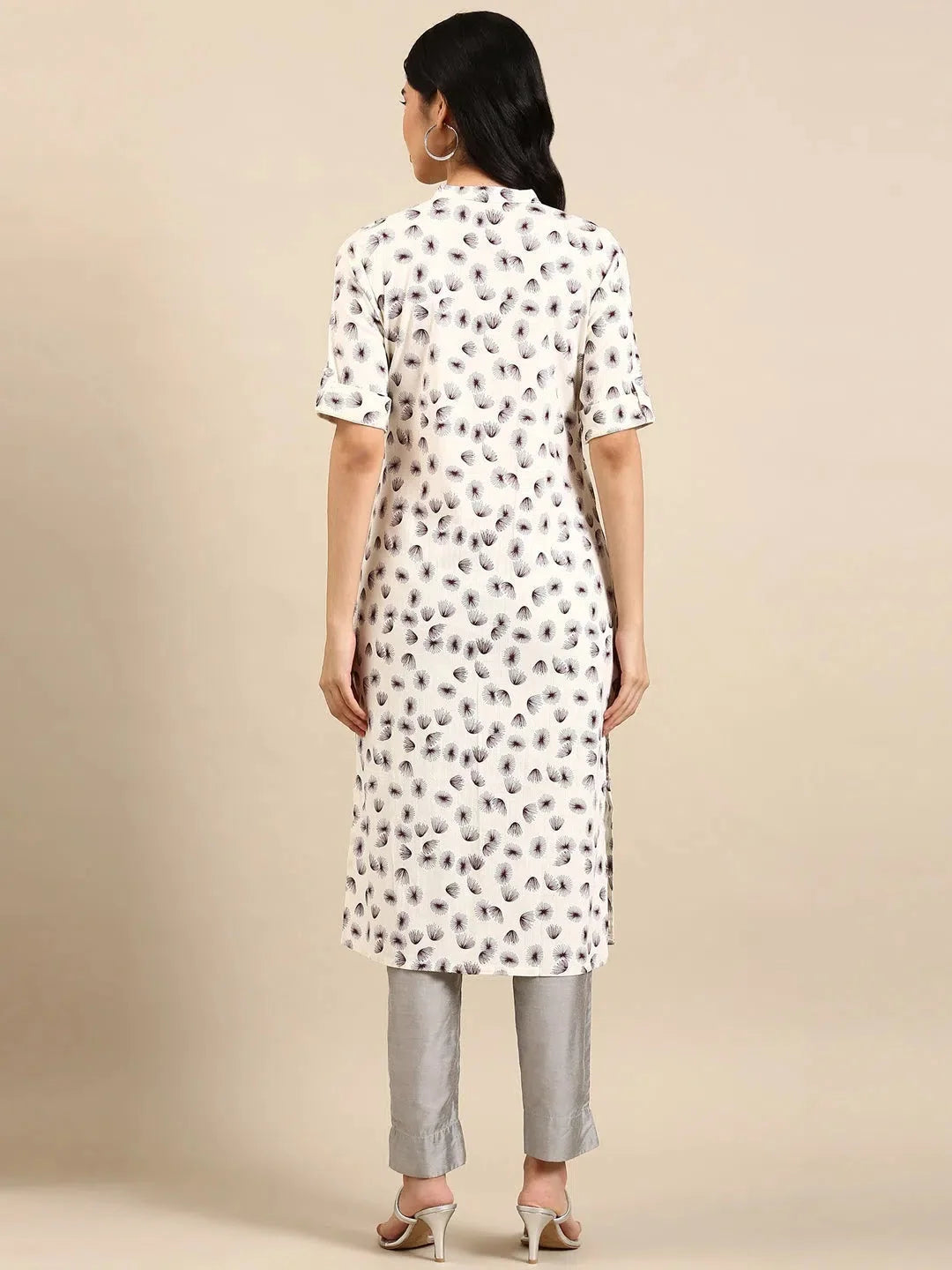 Beige Printed Indian Kurtis - Women's Straight Kurta Cotton