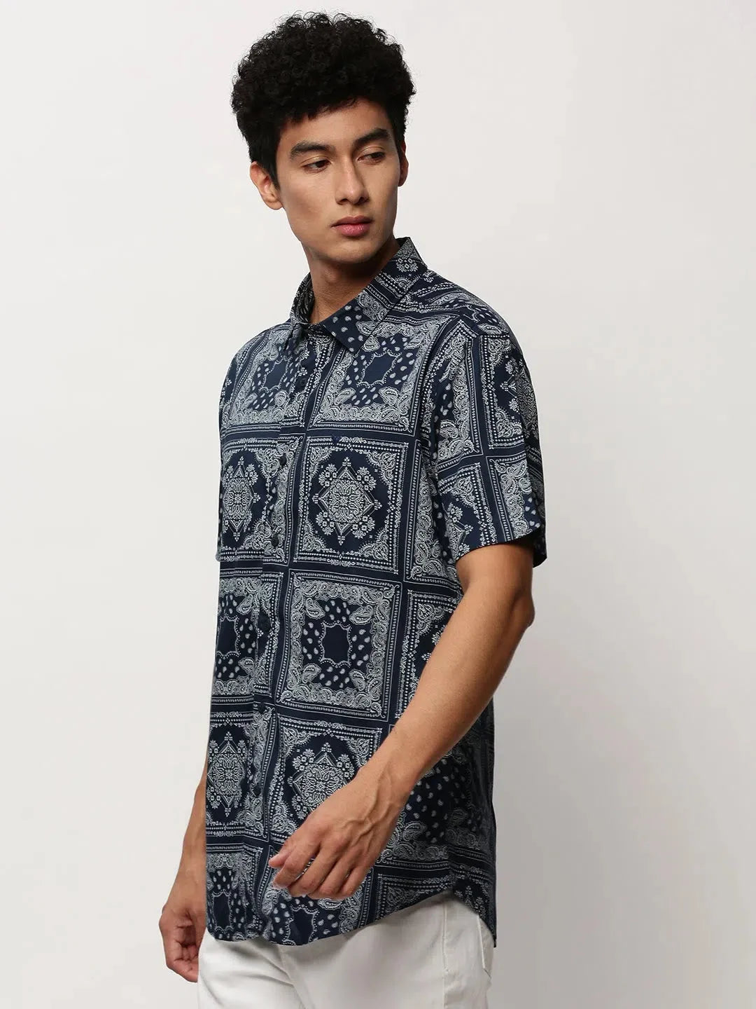 Navy Printed Shirt | Ethnic Motif Mens Cotton Shirt- DesiQlo