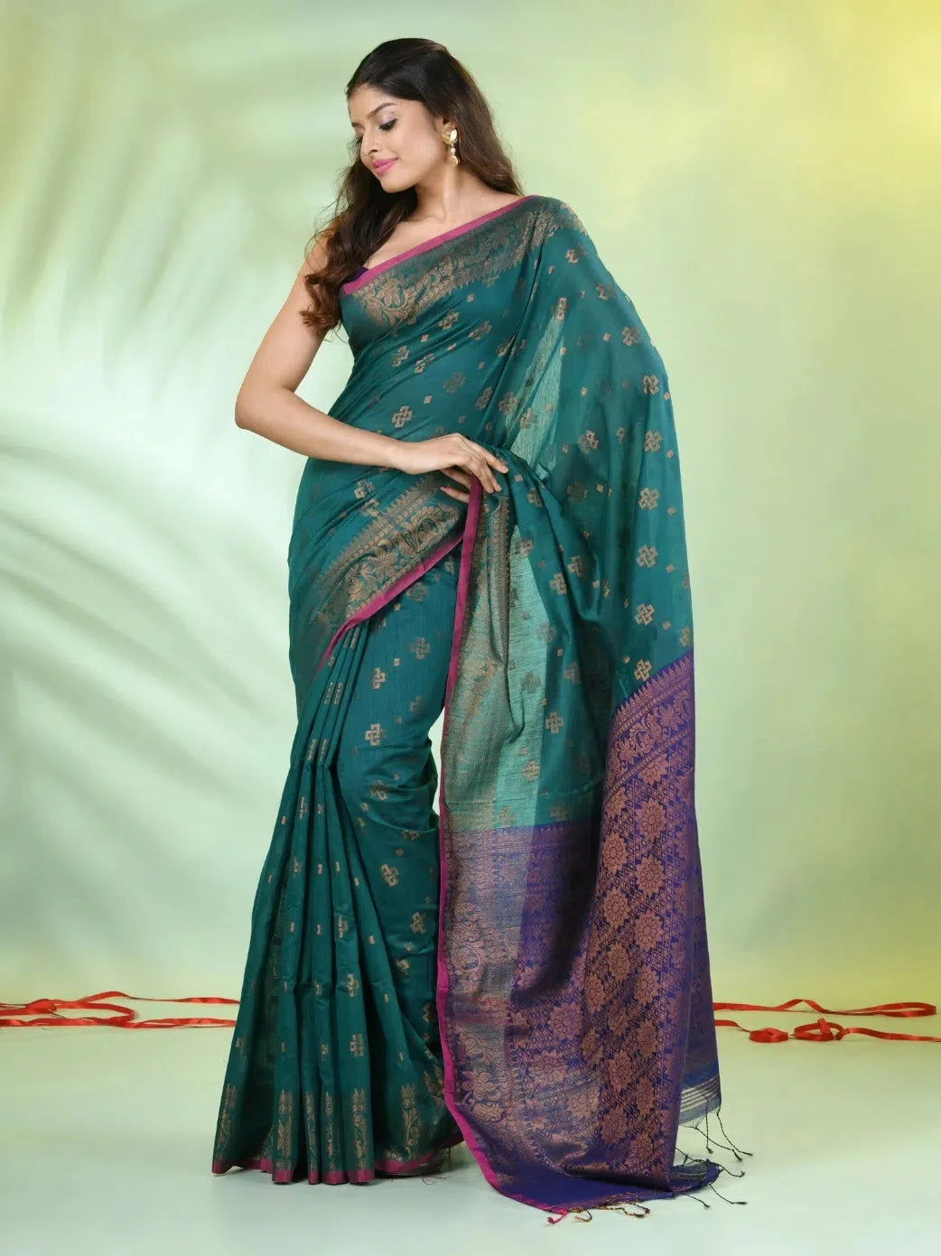 Teal Cotton Saree: Zari Border - Designer Sarees India