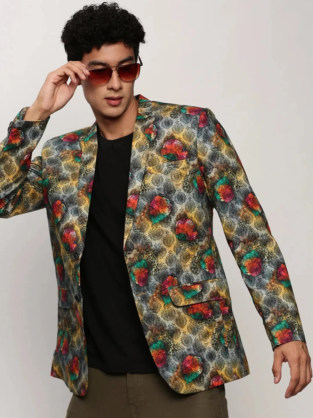 Grey Printed Casual Blazer | Men's Ethnic Wear - DesiQlo