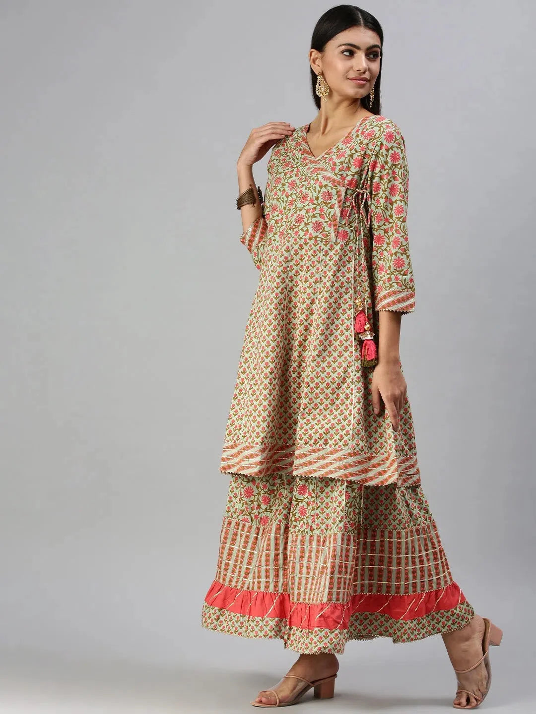 Green & Pink Printed Kurta Set | Women's Indian Cotton Sets