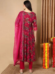 Women Magenta Cotton Printed Anarkali Kurta Pant Set