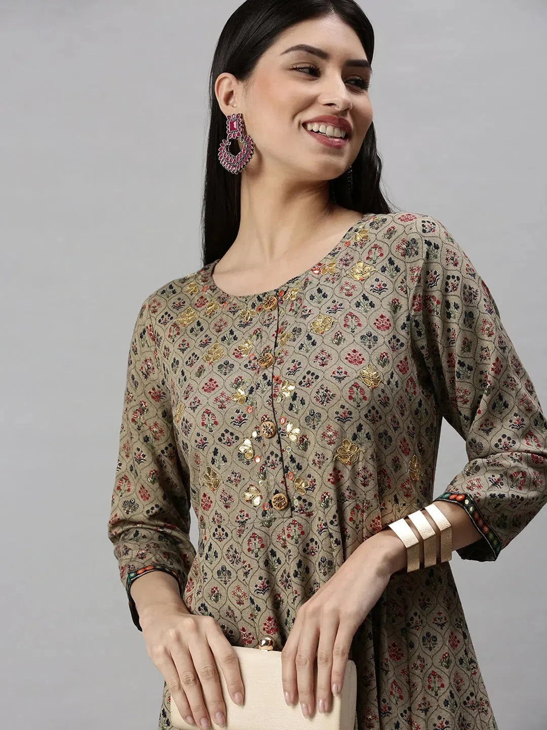 Brown Floral Printed Anarkali Kurta | Cotton Anarkali Suits On...