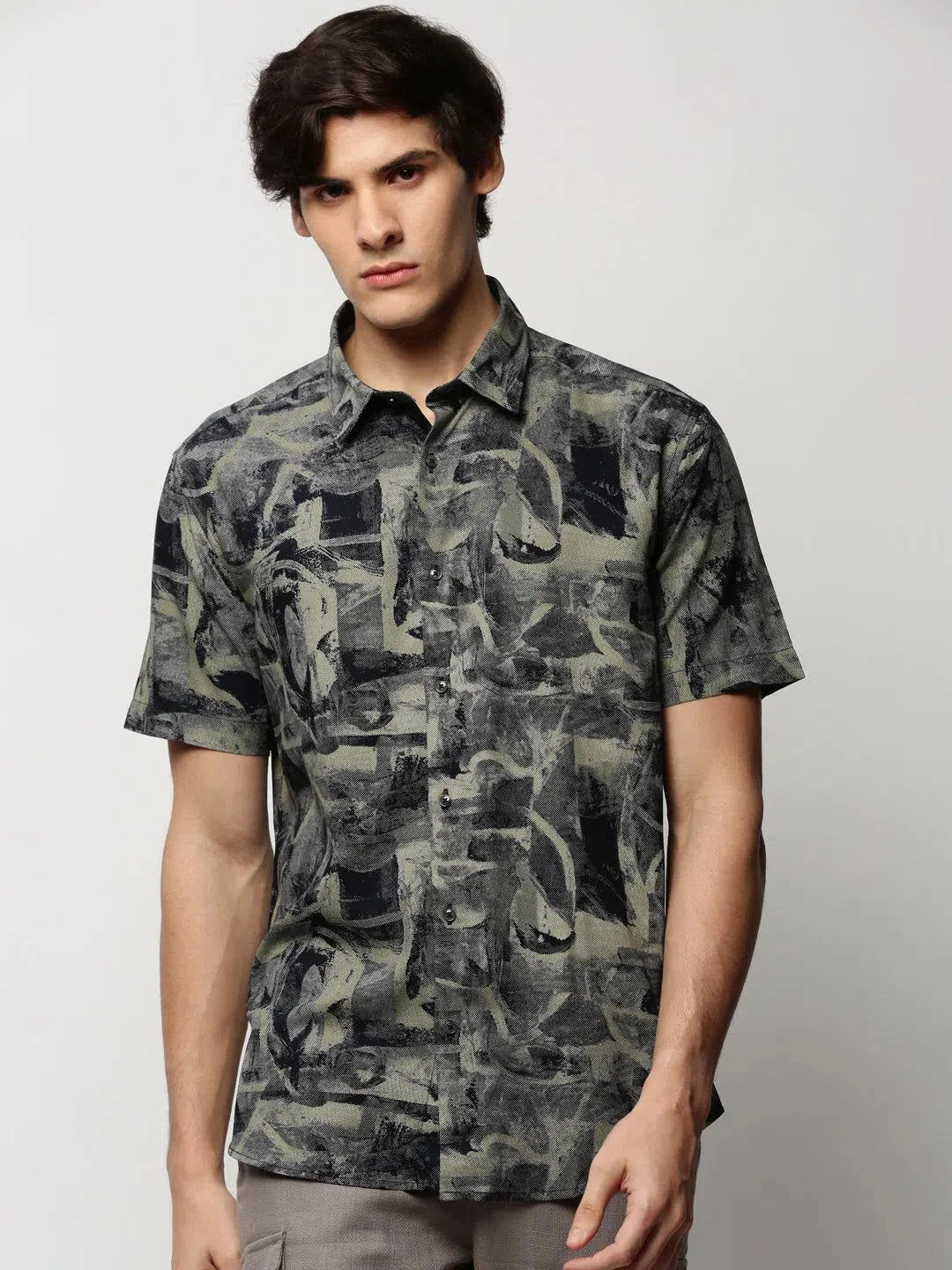Khaki Printed Mens Shirt - Abstract Cotton Casual Shirts
