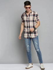 Men Beige Checked Casual Shirt-NICKCHECKSTWILL-1890-Cream