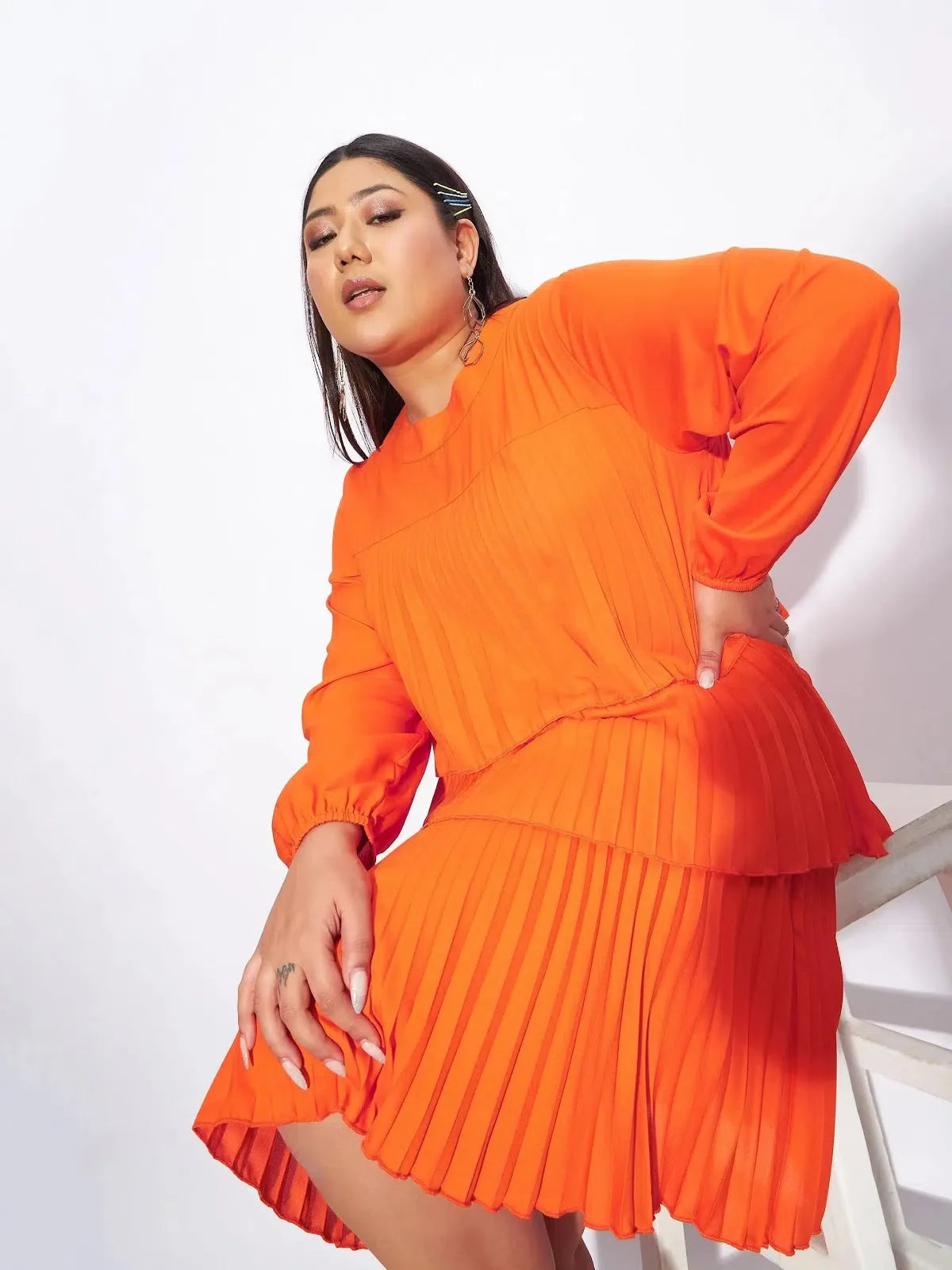 Women Orange Skater Dress | Pleated Tiered Fit & Flare Dress Women Orange Skater Dress | Pleated Tiered Fit & Flare Dress