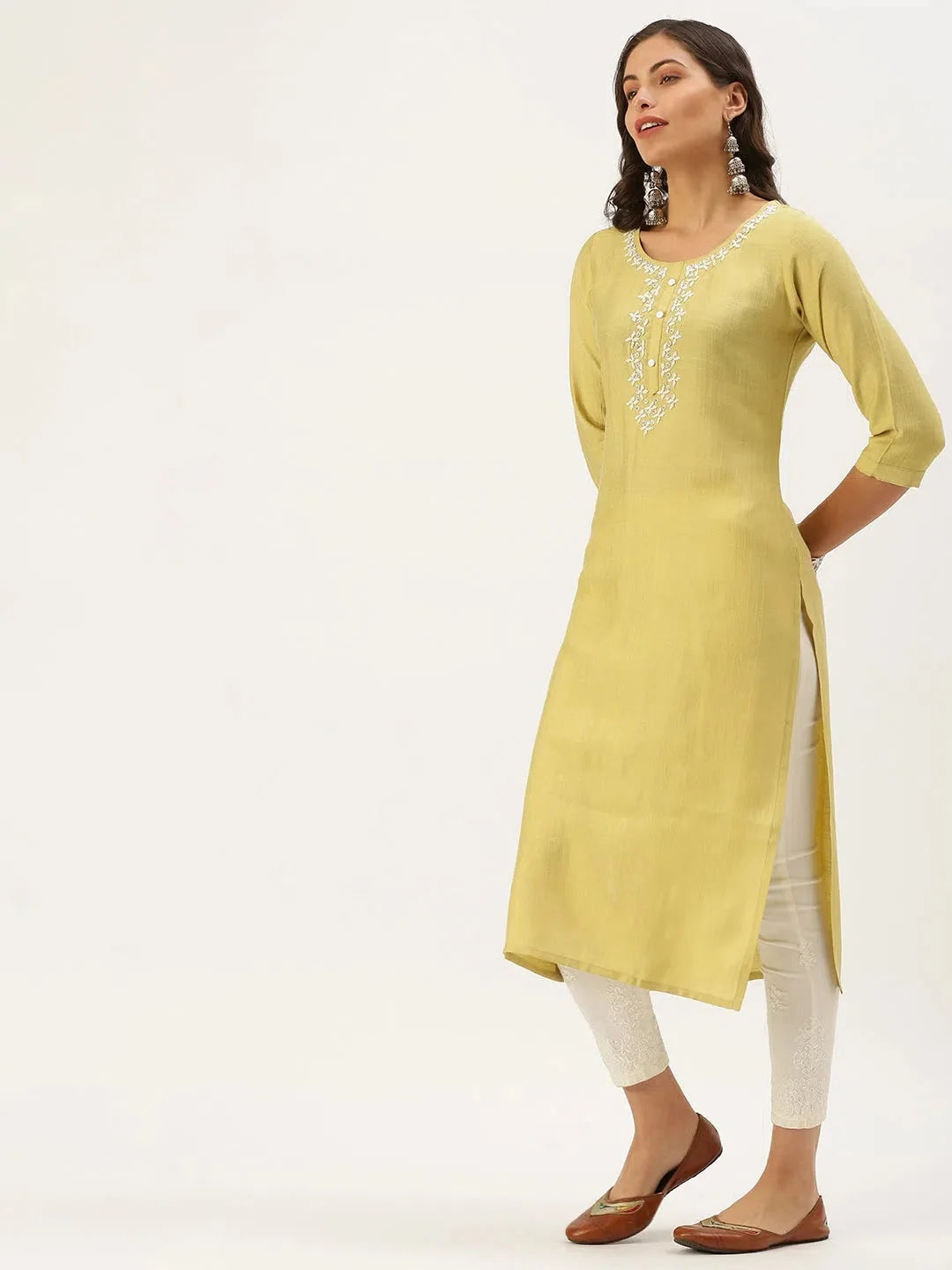 Yellow Embellished Indian Kurta - Cotton Kurti for Women