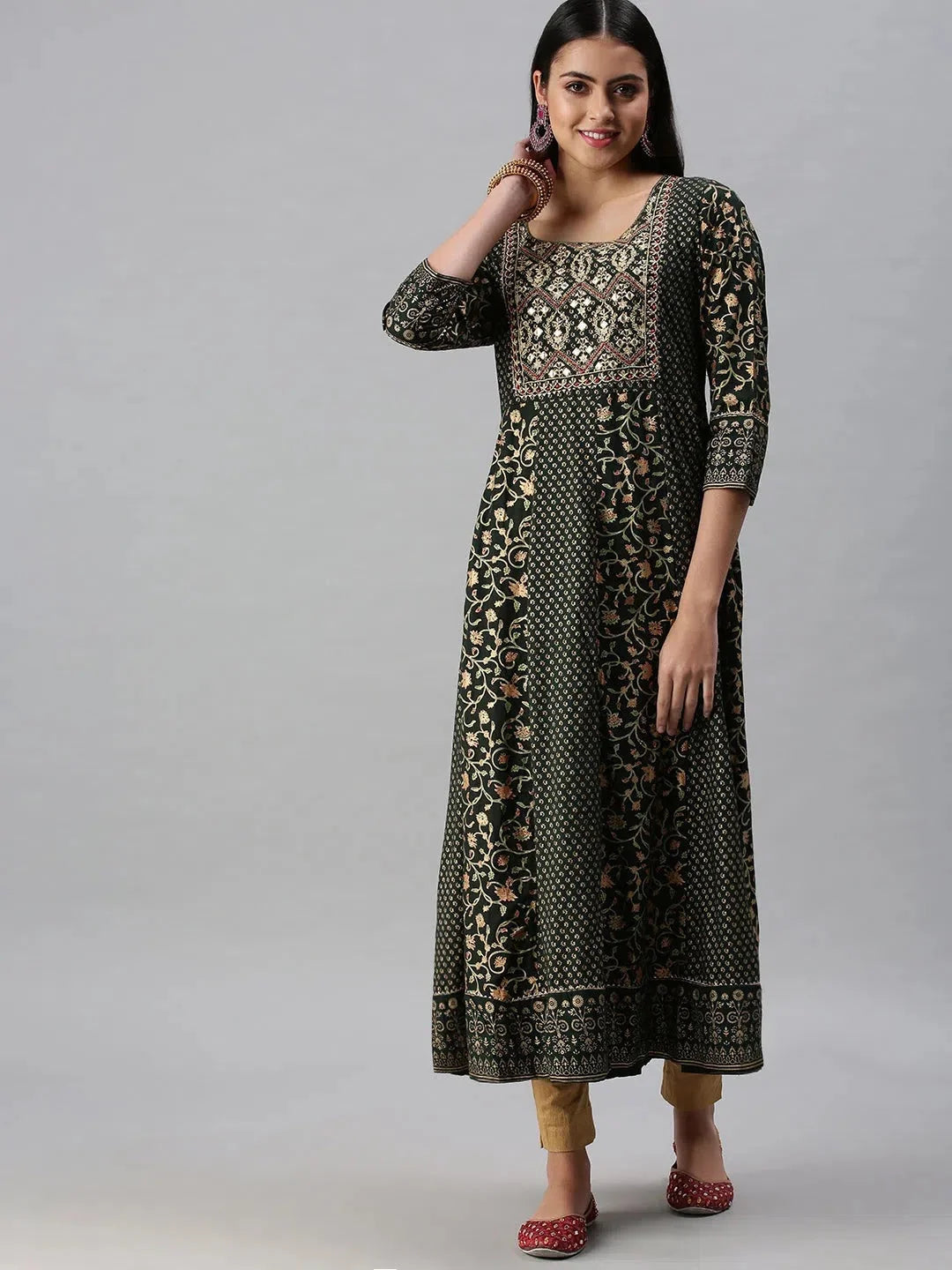 Green & Gold Printed Anarkali Kurta | Anarkali Gown for Women