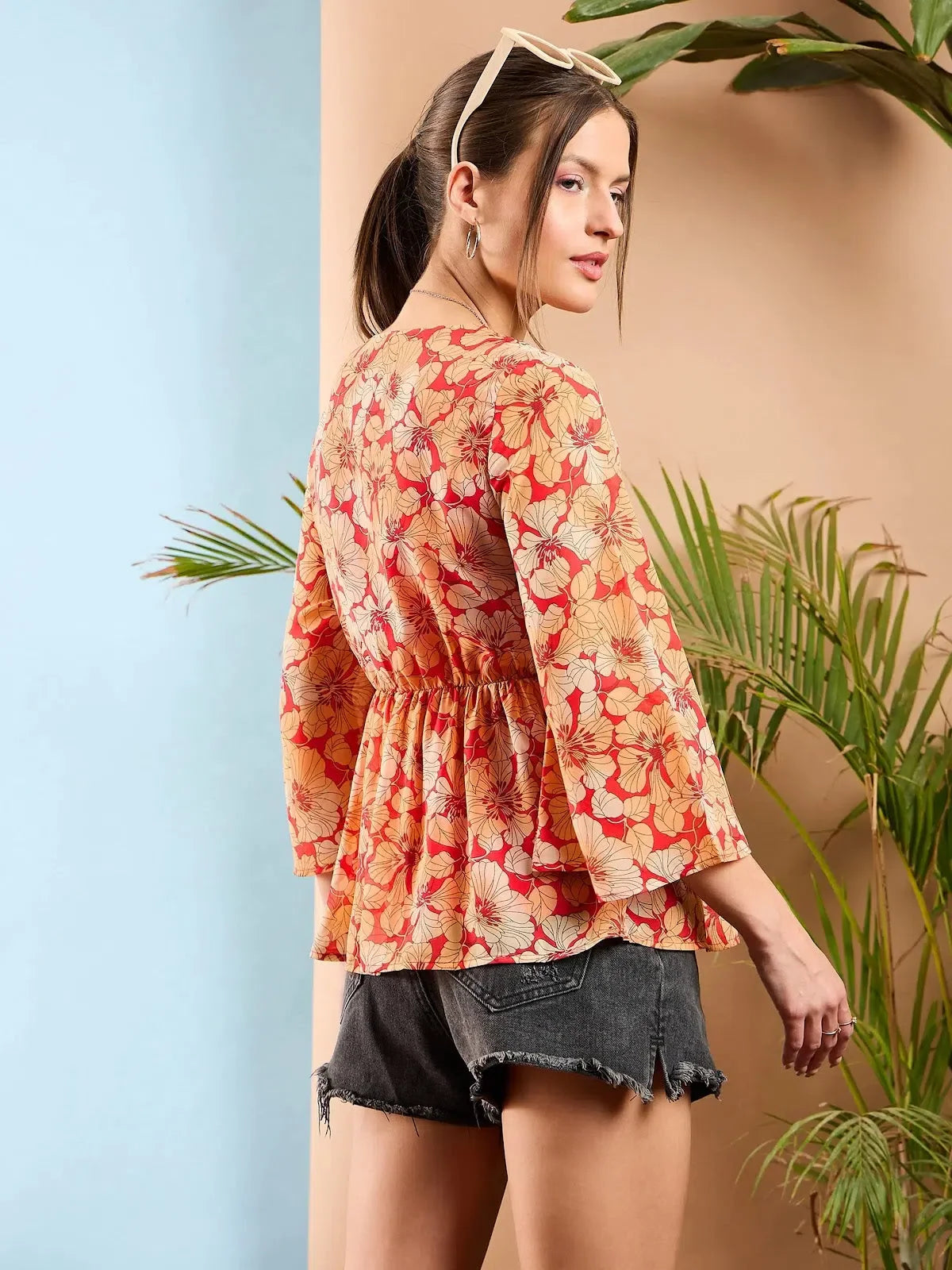 Red Floral Peplum Top | Women's Western Wear | Frill Details