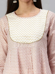 Women's White & Pink Printed Kurta Sets-BS1595B-White-Pink