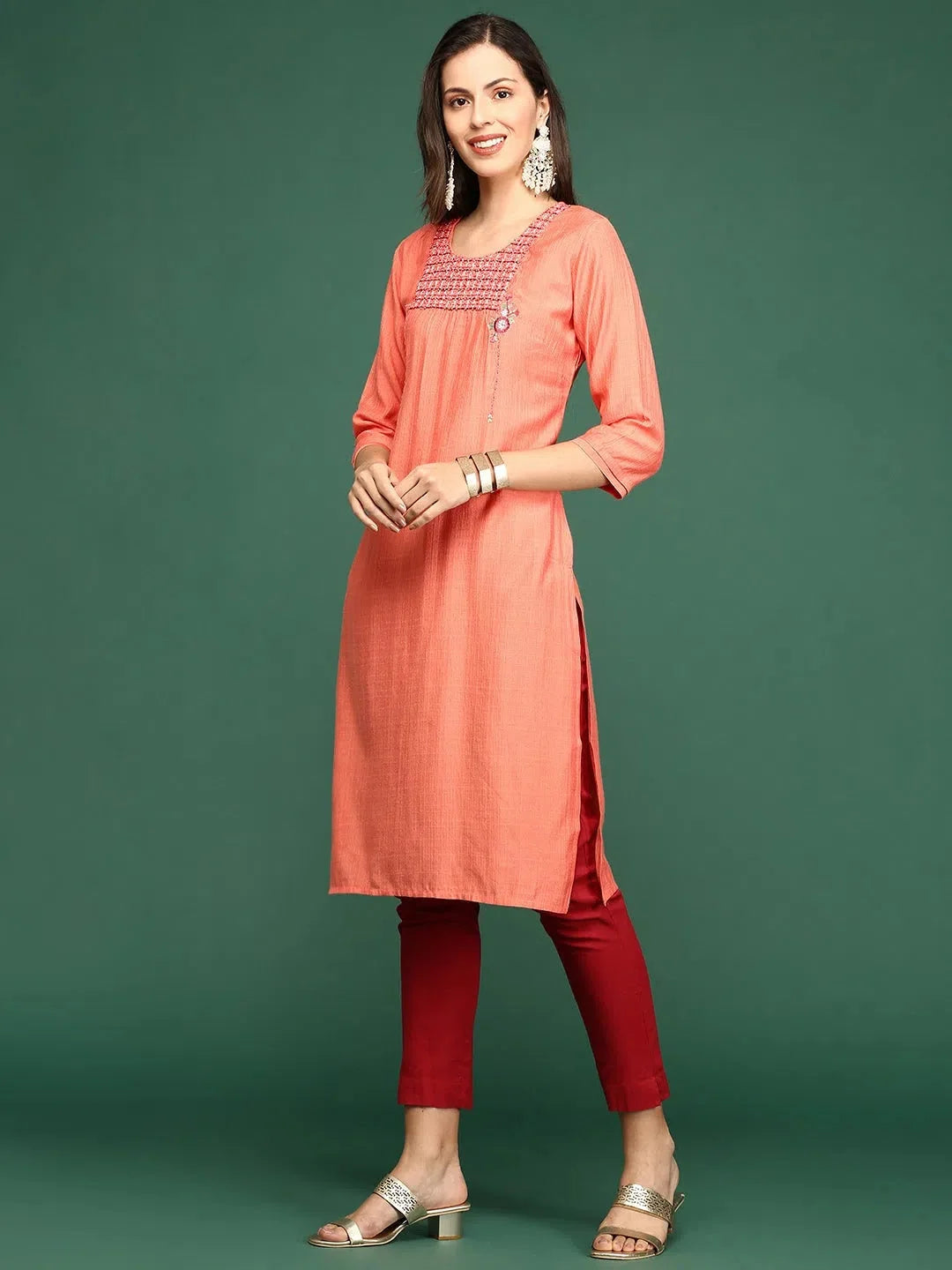 Orange Embellished Indian Kurta for Women - DesiQlo Kurtis