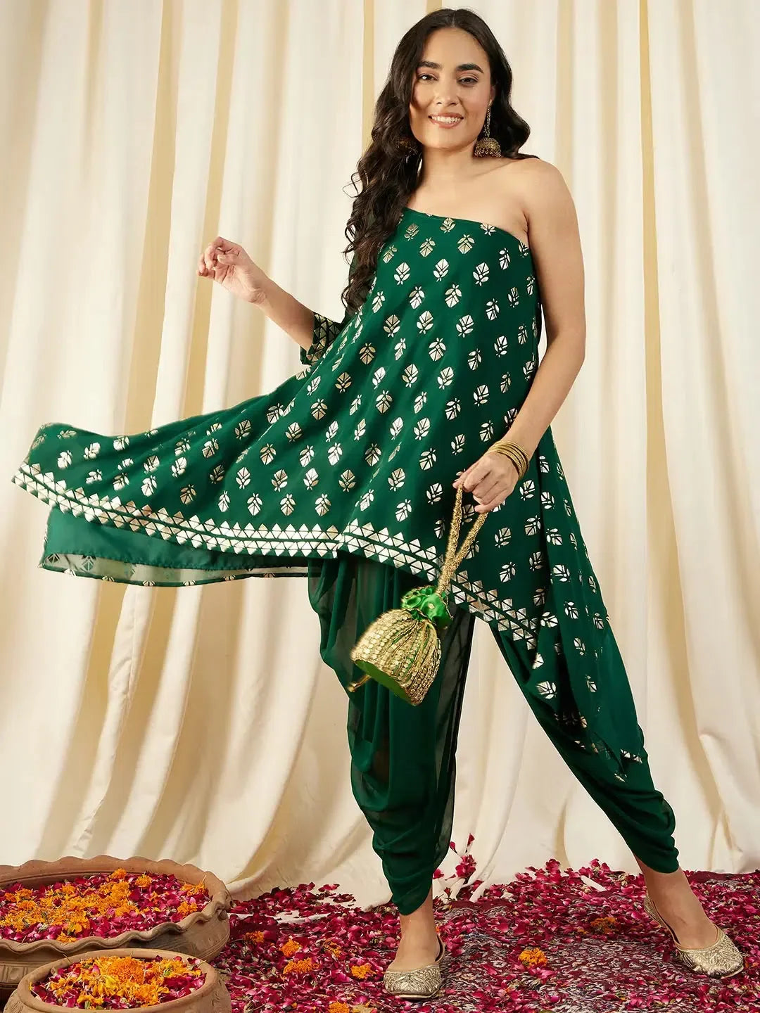 Green Asymmetric Top & Dhoti Pants Set | Designer Kurta Sets
