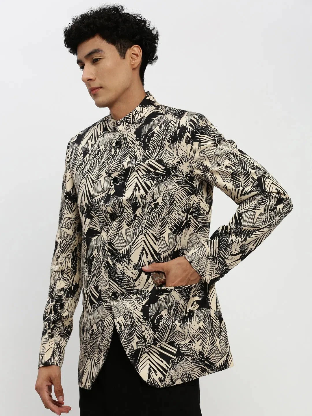 Beige Printed Men's Ethnic Wear Blazer | DesiQlo