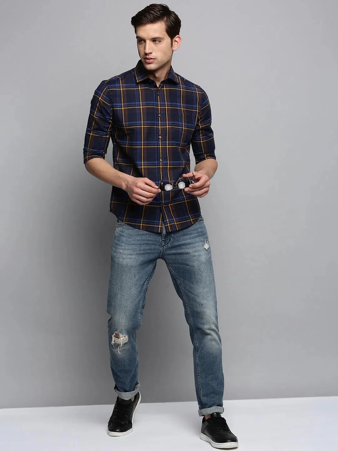 Navy Checked Cotton Mens Shirt | Stylish DesiQlo Design
