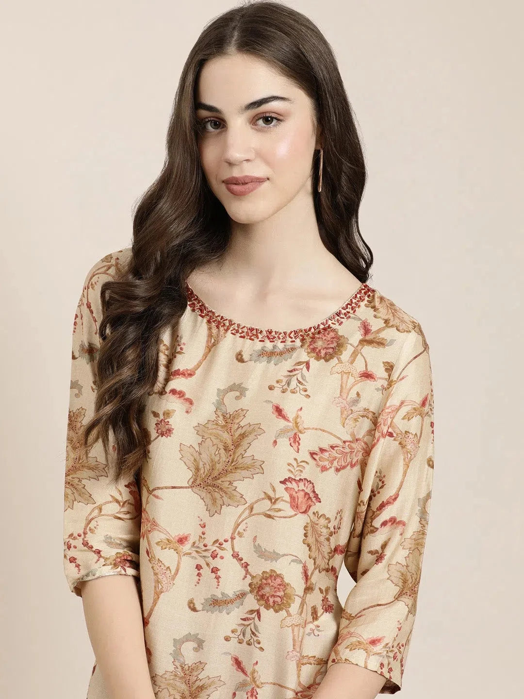 Beige Floral Kurta Set for Women | Indian Kurta Set with Dupatta
