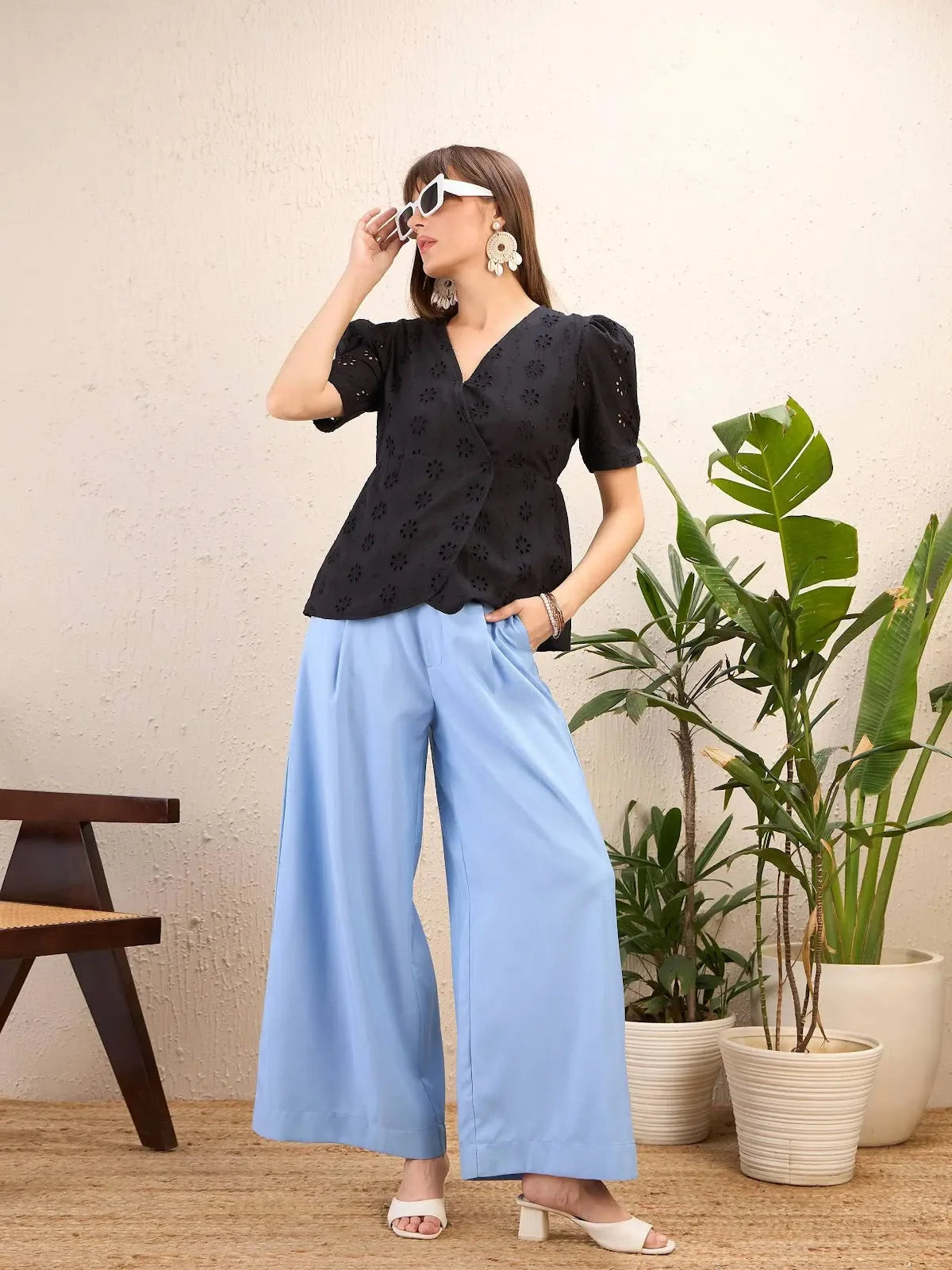 Black Schiffli Wrap Peplum Top | Women's Western Wear