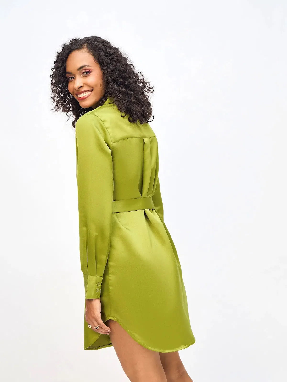 Olive Satin Shirt Dress - Belted Knee Length Dress for Women