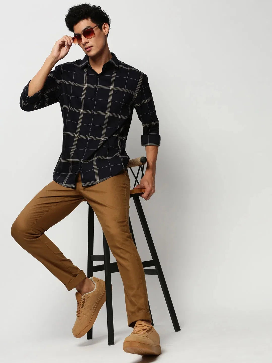 Navy Checked Mens Shirt - Casual Cotton Formal Shirts | DesiQlo