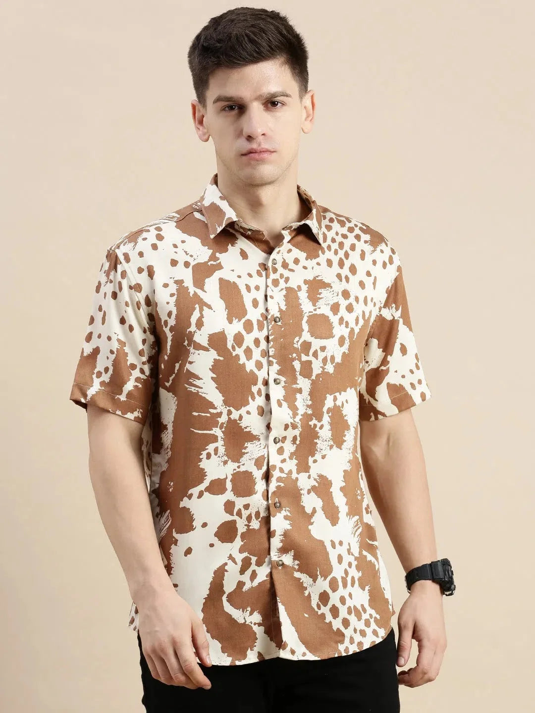 Cream Graphics Cotton Mens Shirt - Abstract Print Design