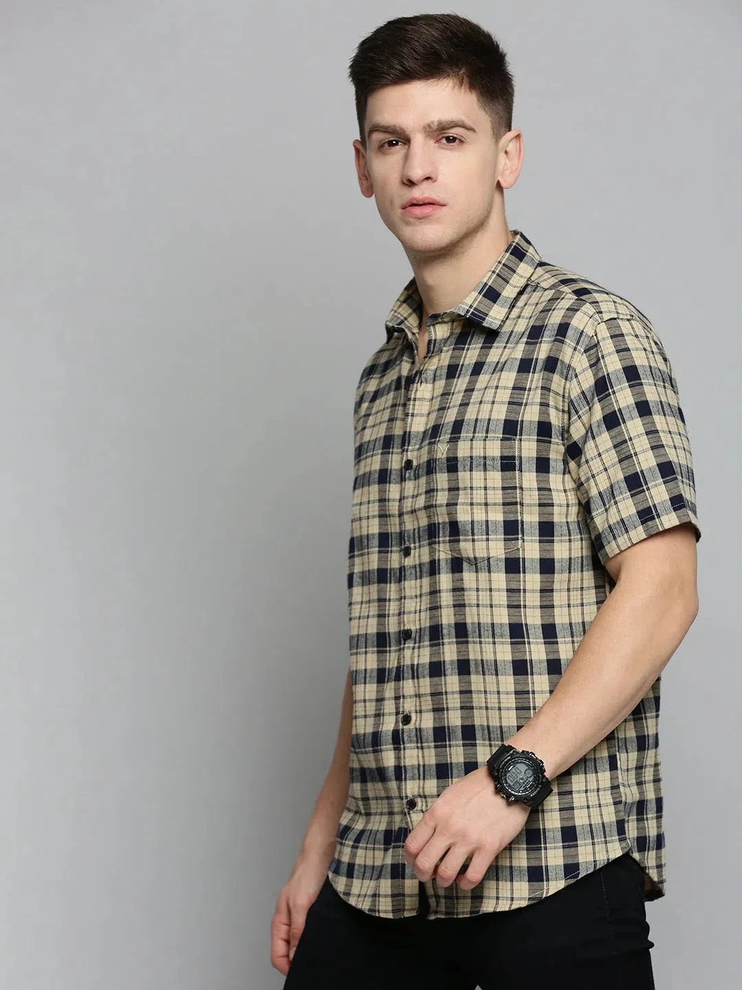 Stylish Beige Checked Mens Shirt - Cotton Casual Shirts | DesiQlo
