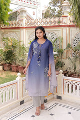 Women Blue Tabby Slik Print & Embroidered Kurta, Pant & Dupatta Set