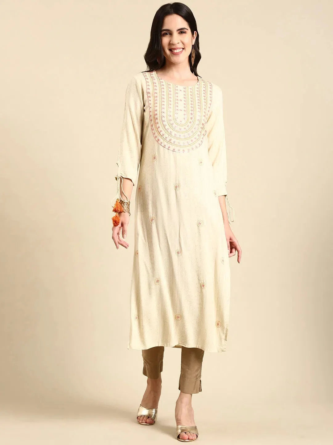 Cream Embroidered Indian Kurta | Viscose Kurtis for Women