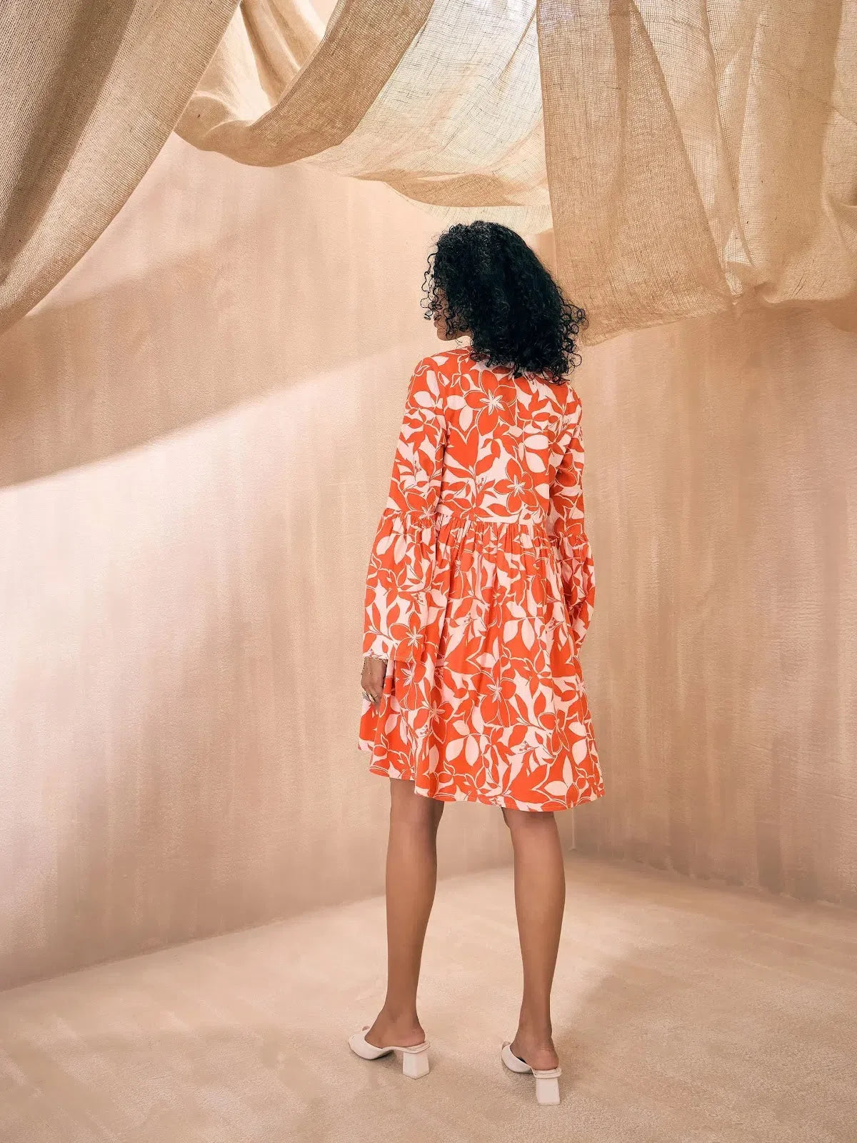 Floral Skater Dress - Women's Orange Tie Waist Cotton Dress