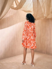 Women Orange Floral Empire Tie Waist Skater Dress