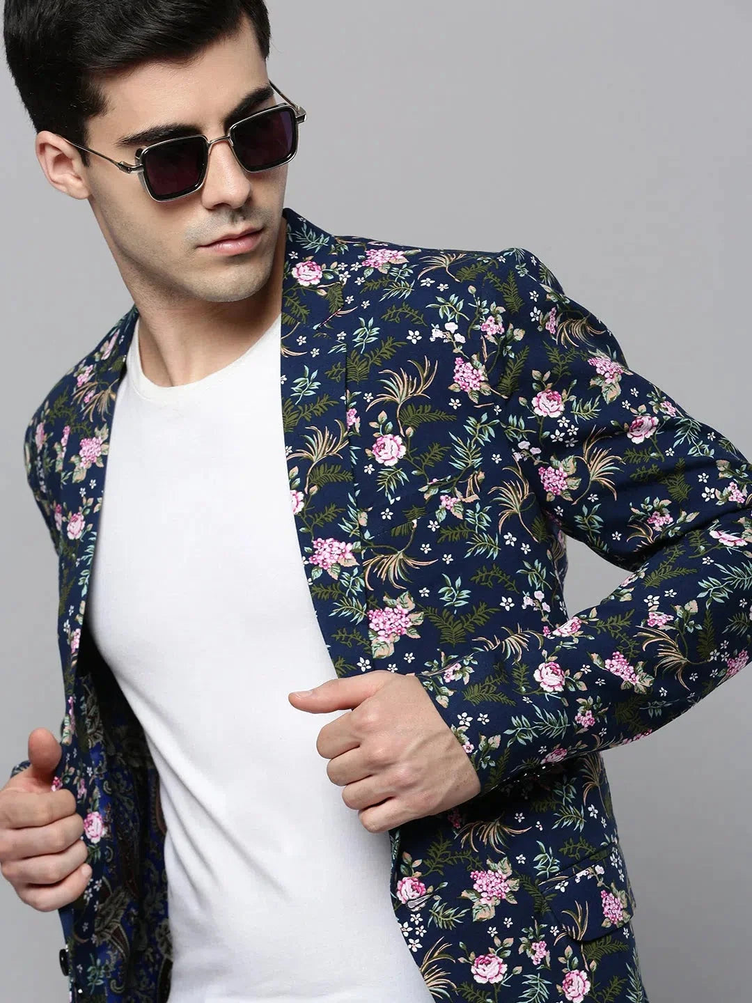 Men's Navy Printed Cotton Blazer | Ethnic Nehru Jacket Style