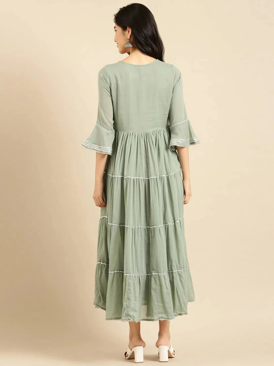 Embroidered Green Cotton Kurta | A-Line Indian Kurta Ladies