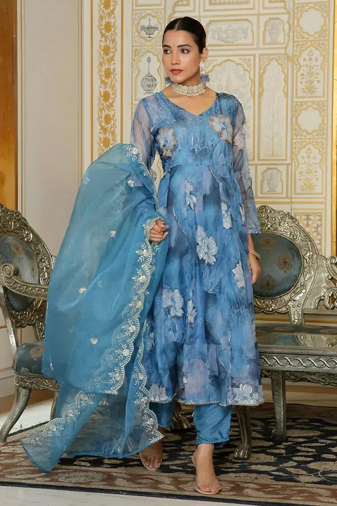 Blue Embroidered Anarkali Kurta Set | Women's Designer Kurta Sets