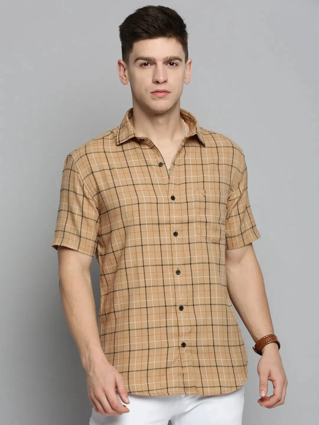 Trendy Beige Checked Mens Shirt - Cotton Casual Shirts | DesiQlo
