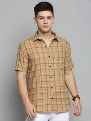 Men Beige Checked Casual Shirt-MAYACHECKS-4421-Khaki