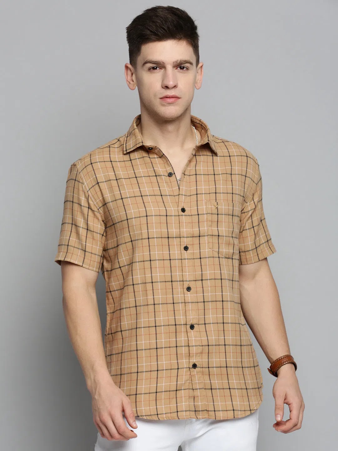 Trendy Beige Checked Mens Shirt - Cotton Casual Shirts | DesiQlo