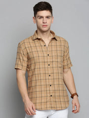 Men Beige Checked Casual Shirt-MAYACHECKS-4421-Khaki