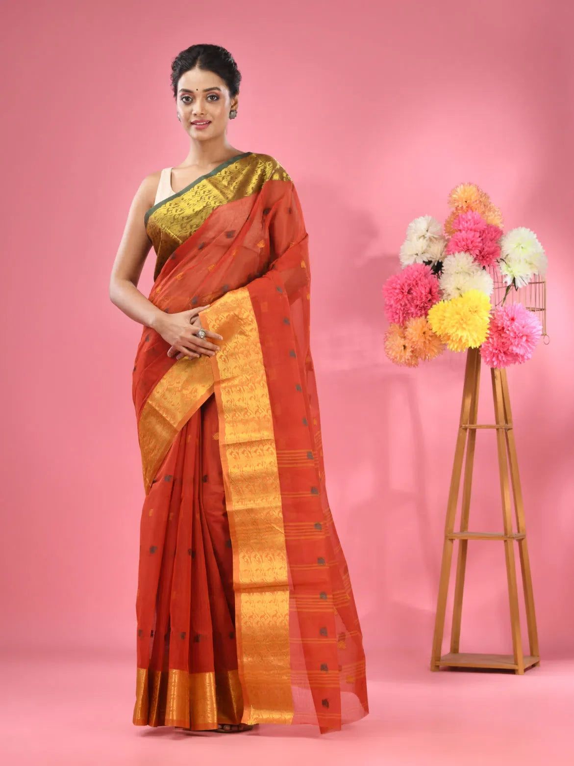 Brick Red Cotton Tant Saree | Designer Sarees India