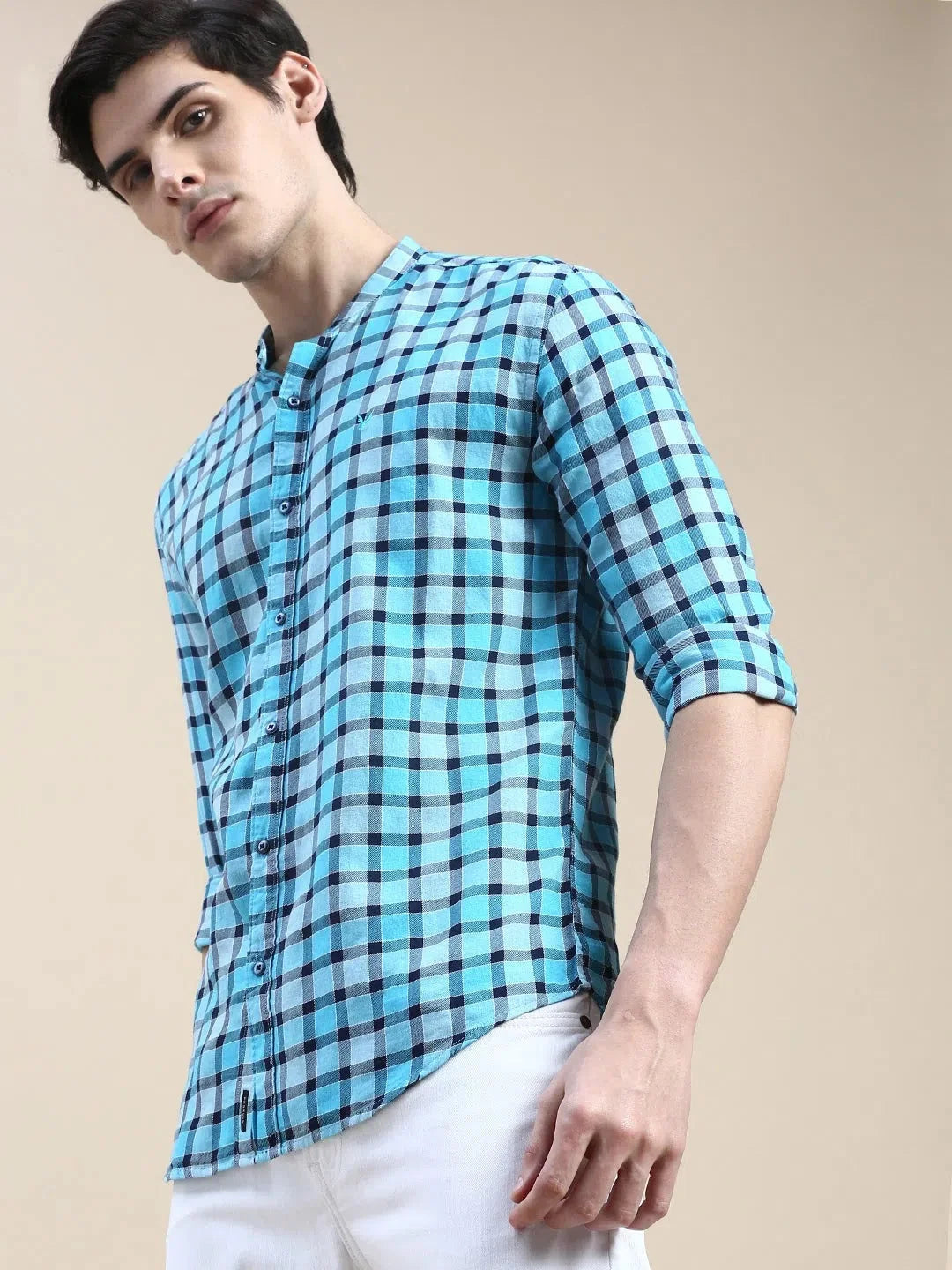 Vibrant Blue Checked Mens Shirt - DesiQlo Cotton Casual Shirt