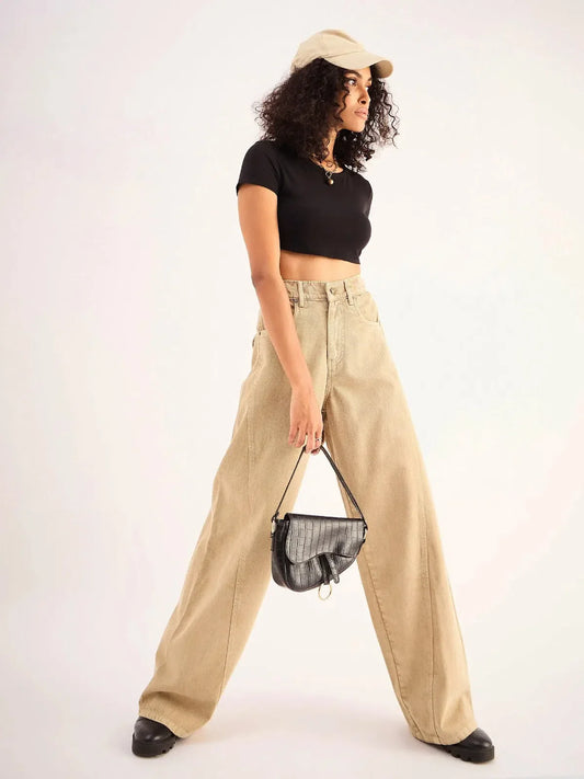 Women Beige Seam Detail Wide Leg Jeans 1200