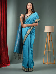 Sky Blue Matka Handwoven Saree With Woven Zari Border-MA50MT062200053