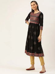 Women's Blue Printed A-Line Kurtas-GW-2414-Navyblue