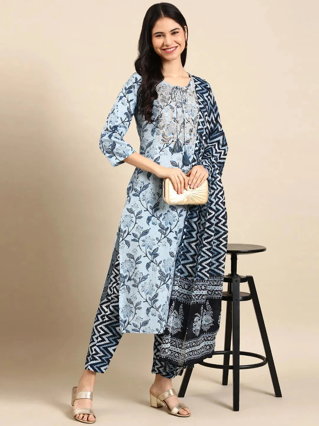 Navy Floral Kurta Set | Women's Cotton Indian Kurta Sets